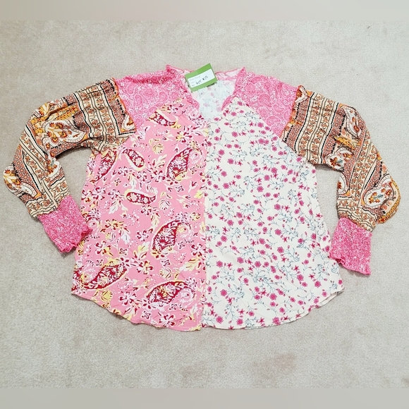 Boho Patchwork Blouse S Floral Paisley Viscose Long Sleeve Ruffle Neck Peasant - Picture 10 of 13